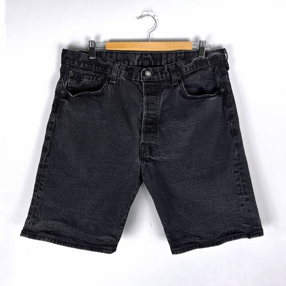 Levi's 501 Jean Shorts MEASURES 34 WAIST Faded Black Denim Button Fly Jorts - Picture 2 of 14